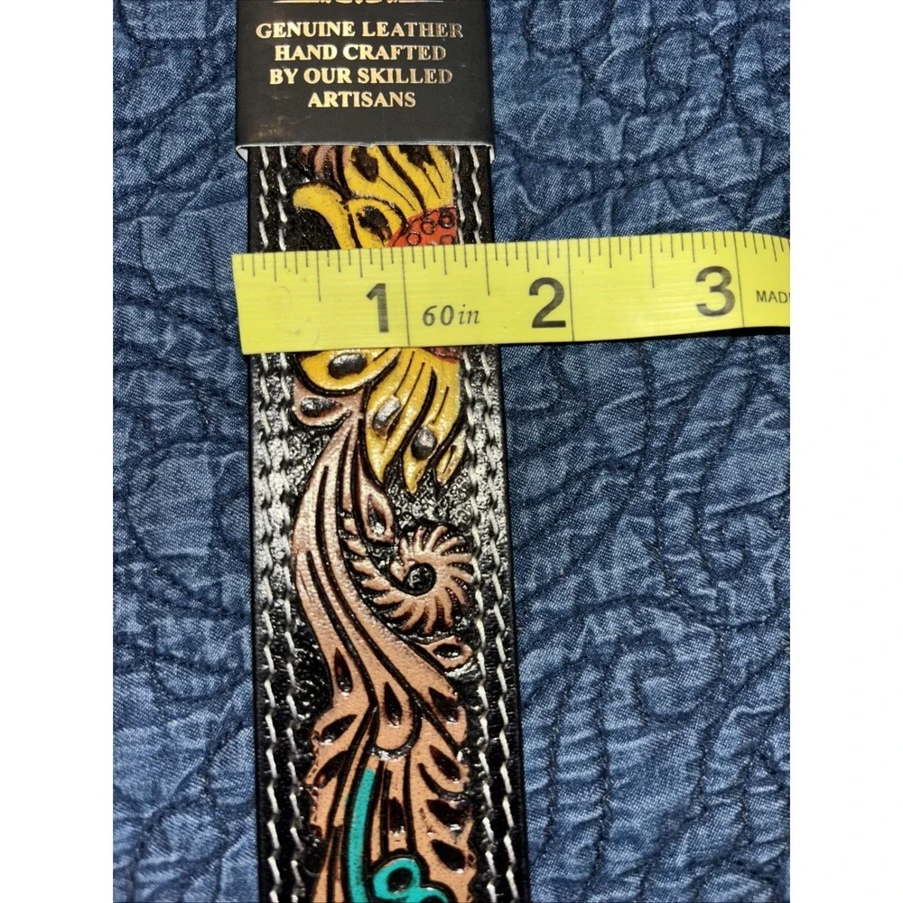 NWT American Bison Tooled Leather Belt Sz XL 42-44 Sunflower Turquoise Buckle